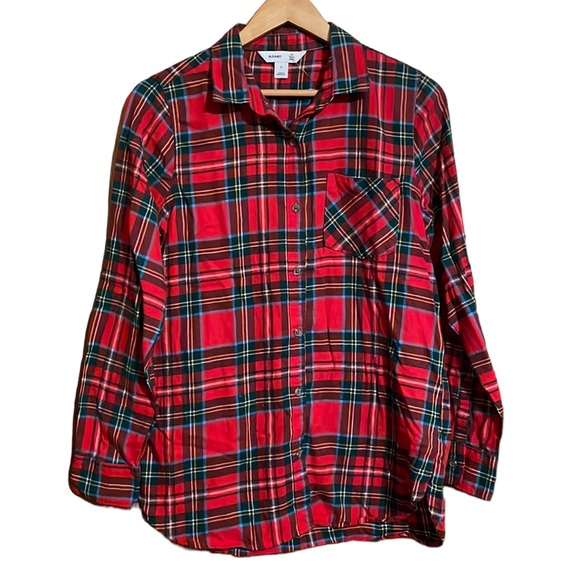 •OLD NAVY•RED PLAID "TUNIC SHIRT" BUTTON UP COLLARED BLOUSE SIZE MEDIUM - Picture 1 of 9